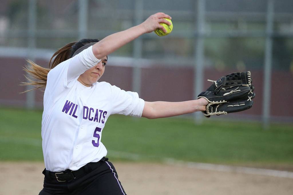 Oak Harbor&rsquo;s Cierra LeGendre launches a pitch. (Photo by John Fisken)