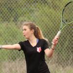Bree Daignault prepares to serve in Tuesday&rsquo;s match. (Photo by John Fisken)