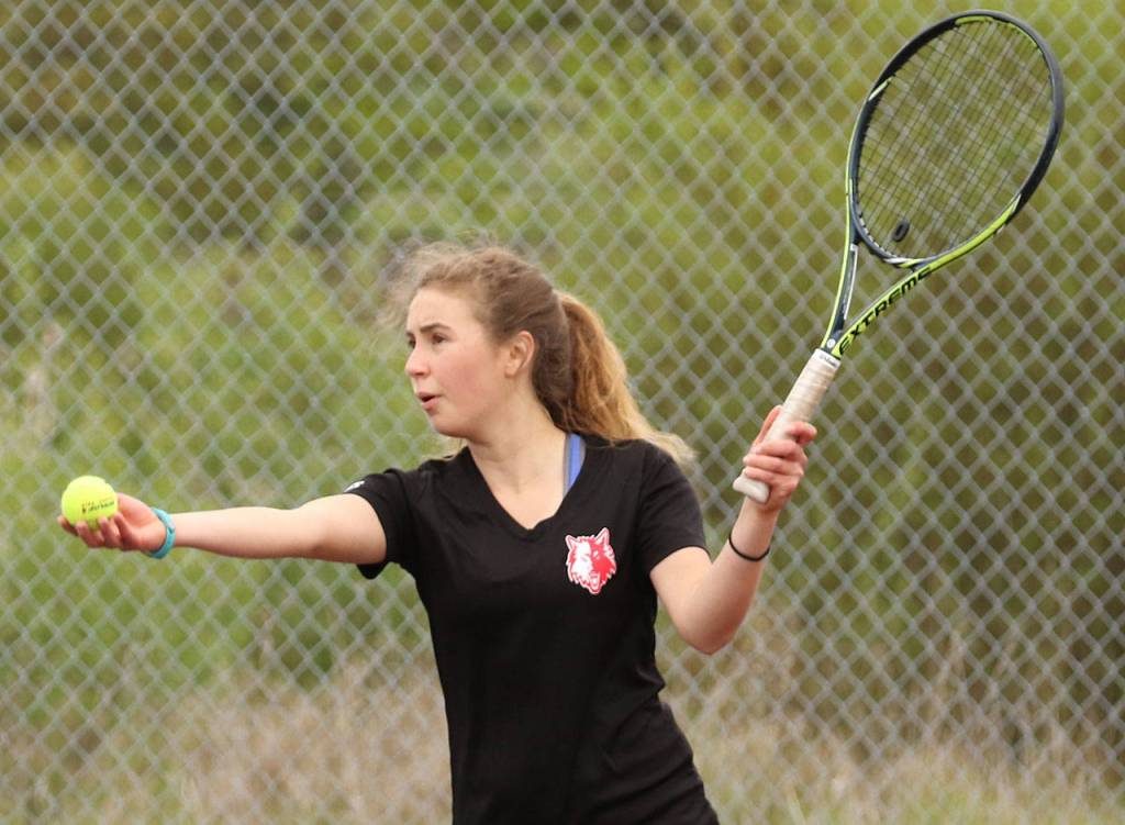 Bree Daignault prepares to serve in Tuesday&rsquo;s match. (Photo by John Fisken)