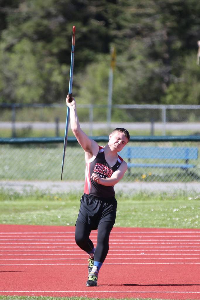 Grey Rische lets loose of a javelin throw. (Photo by John Fisken)