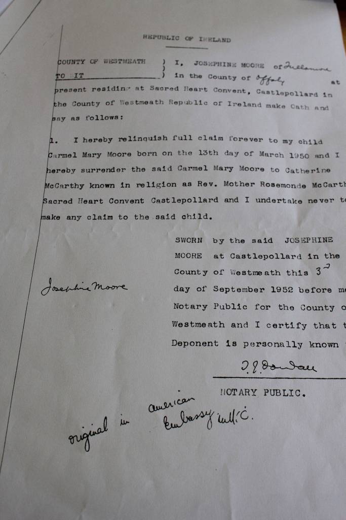 This document shows Carmel Walter&rsquo;s mother, Josephine Moore, agreeing to turn her baby over to Rev. Mother Rosemonde McCarthy of Sacred Heart Convent Castlepollard. When Walter visited the convent in 2005 searching for family history, they refused to give her any information.