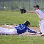 Kory Score receives a pick off throw as Jeff Jewett dives back into first base. (Photo by John Fisken).