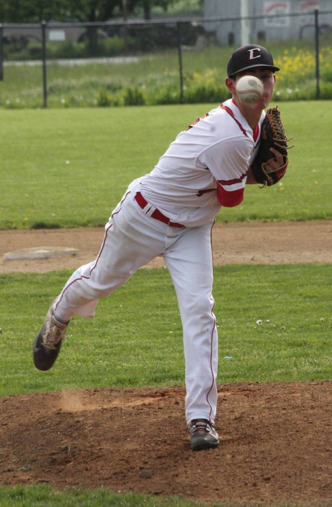 Coupeville pitcher Hunter Smith keeps his eye on the ball in Tuesday&rsquo;s game with Bellevue Christian. (Photo by Jim Waller/Whidbey News-Times)