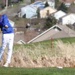 Nick Krantz, shown here teeing off at home meet earlier this spring, placed fifth in the Wesco North tournament Monday. (Photo by John Fisken)