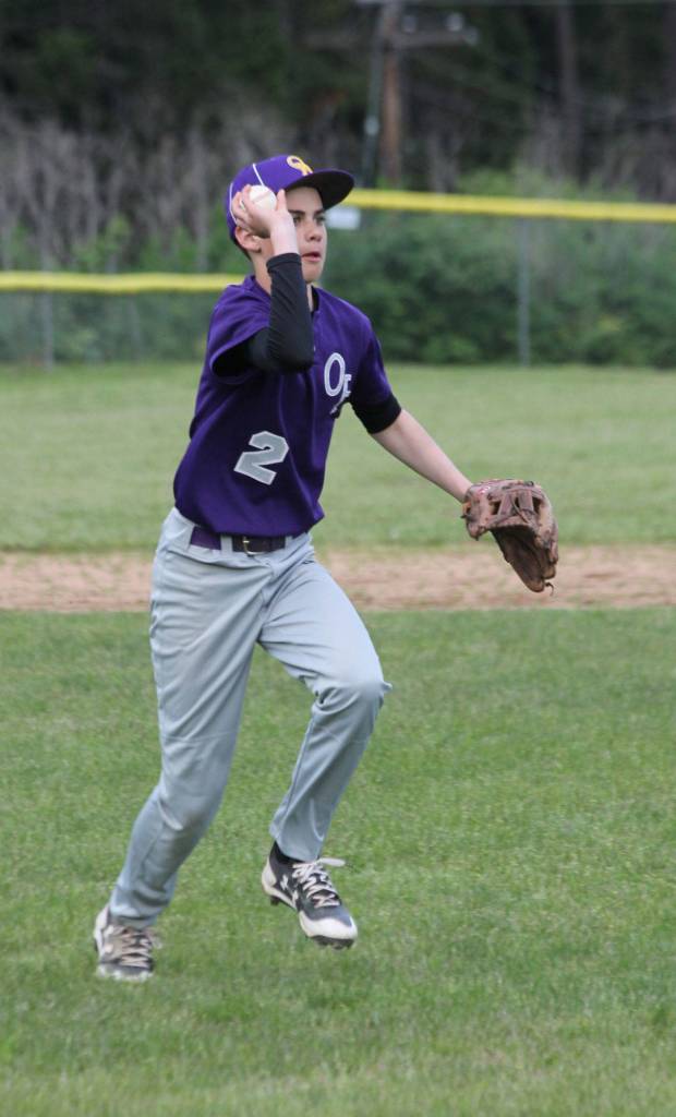 After fielding a comebacker, Oak Harbor pitcher Gage McLeod tosses to first for an out. (Photo by Jim Waller/Whidbey News-Times)
