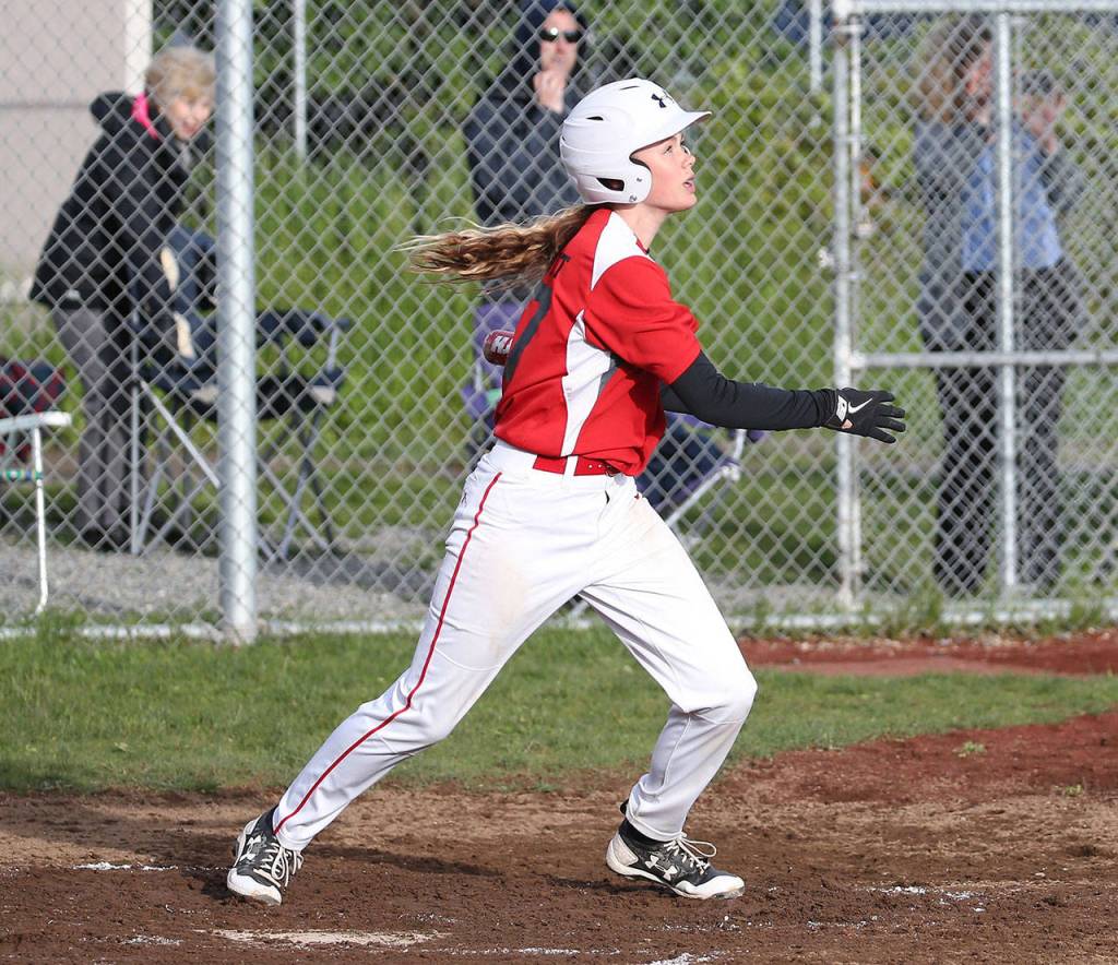 Coupeville&rsquo;s Chelsea Prescott picks up the flight of the ball she put into play. (Photo by John Fisken)