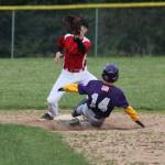 Kaito White steals second base as Coupeville&rsquo;s Scott Hilborn waits for the throw. (Photo by Jim Waller/Whidbey News-Times)