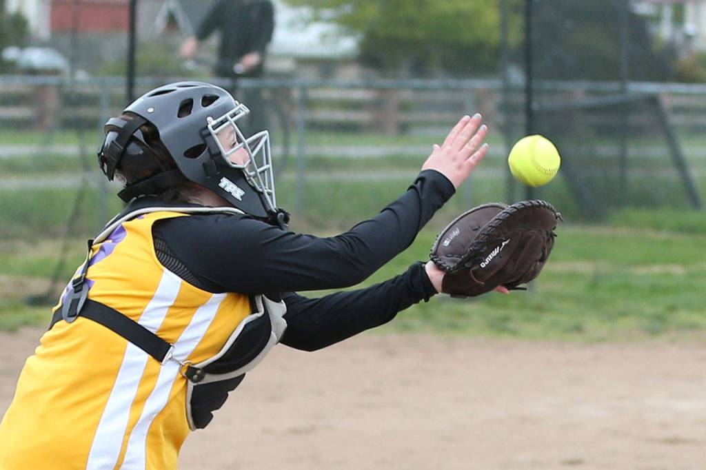 North Whidbey&rsquo;s Shelby Chambers runs down a pop-up. (Photo by John Fisken)