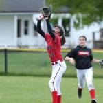 Second baseman Jae LeVine catches a popup in front of center fielder Hope Lodell. (Photo by John Fisken)