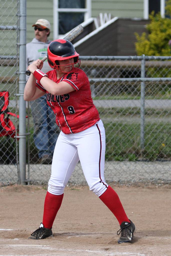 Senior Tiffany Briscoe awaits for a pitch in the Sequim game May 4 that was suspended. (Photo by John Fisken)