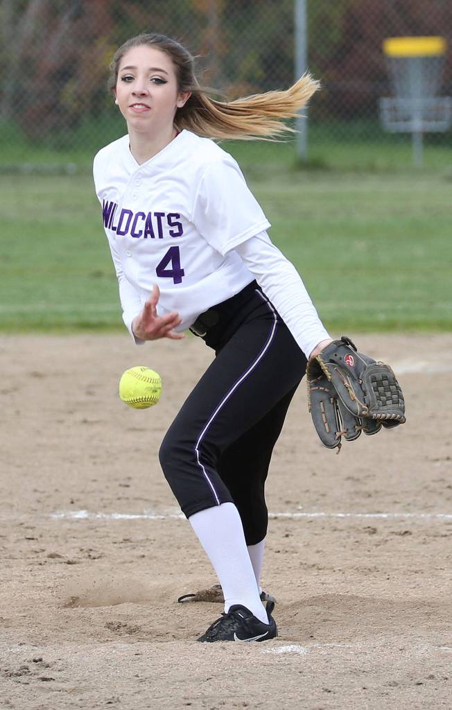 Megan Flood fires a pitch in Tuesday&rsquo;s game with Marysville-Pilchuck. (Photo by John Fisken)