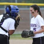 Audrey Howard, left, and Cierra LeGendre share a light moment in Tuesday&rsquo;s game. (Photo by John Fisken)