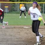 Oak Harbor&rsquo;s Cierra LeGendre fires a pitch while Snohomish&rsquo;s Elle Everett leads off second base and center fielder Miranda Wilson looks on. (Photo by Jim Waller/Whidbey News-Times)