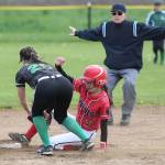 Scout Smith steals second base in front of the tag by Klahowya&rsquo;s Amber Bumbabough. (Photo by John Fisken)
