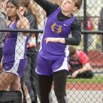 Halle Lemme tosses the shot put in the North Sound Classic Tuesday. She finished third in the freshman division and added a third in the javelin. (Photo by John Fisken)