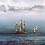A parade of sail will bring tall ships through Admiralty Inlet June 13. A poster for the event shows a painting by maritime artist Gordon Miller of British Columbia titled &ldquo;Chatham and Discovery in Juan de Fuca Strait, April 30, 1792.&rdquo; Illustrated provided by Lynn Hyde/San Juan Island National Historical Park