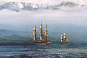 A parade of sail will bring tall ships through Admiralty Inlet June 13. A poster for the event shows a painting by maritime artist Gordon Miller of British Columbia titled &ldquo;Chatham and Discovery in Juan de Fuca Strait, April 30, 1792.&rdquo; Illustrated provided by Lynn Hyde/San Juan Island National Historical Park