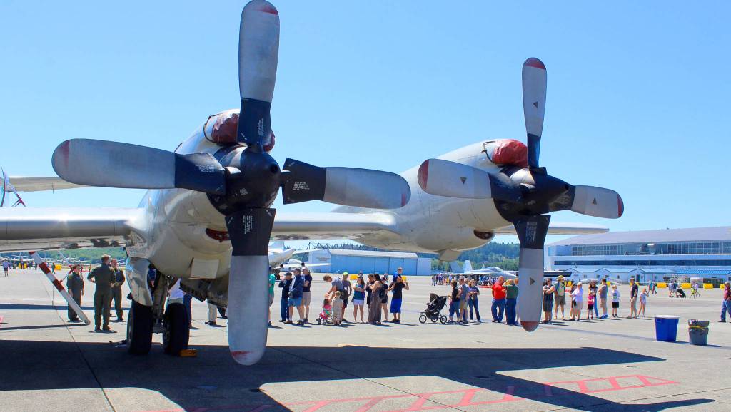 The P-3C Orion, a prop plane that&rsquo;s been a warbird for the Navy for decades, was one of many aircraft on display Saturday as some 2,000 people came out for the open house of NAS Whidbey Island. Photo by Patricia Guthrie/Whidbey News-Times