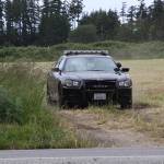 An Island County Sheriff&rsquo;s deputy leaves a farm field after searching for the suspect of a hit-and-run accident on South Main Street in Coupeville Thursday. The suspect was later found nearby and arrested. Photo by Ron Newberry/Whidbey News-Times