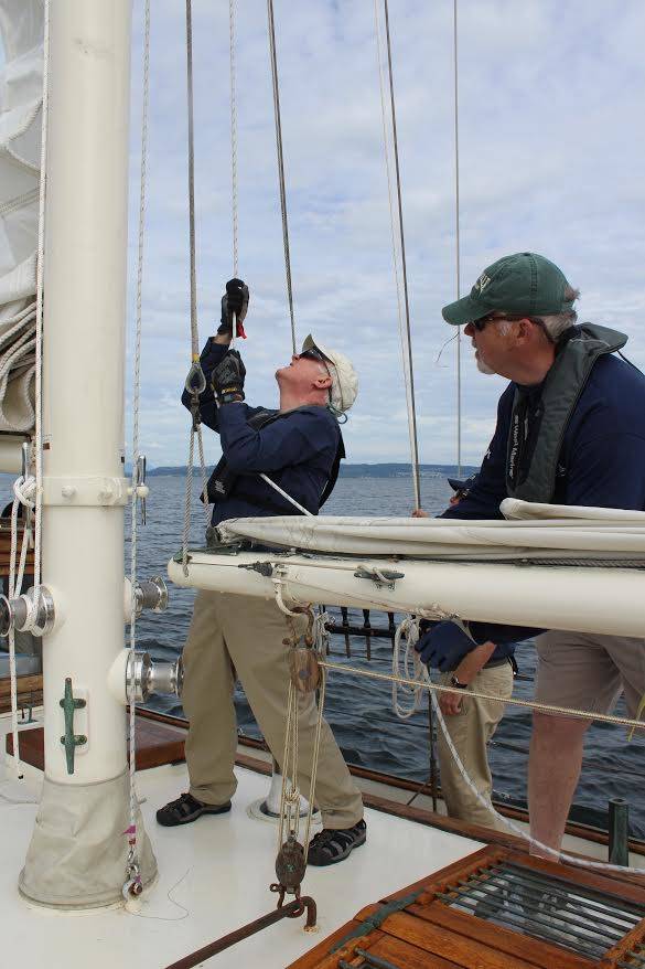 Retired Coupeville residents David Young (left) and Christopher Bradley enjoy volunteering as crew for the Suva, a 68-foot schooner owned by Coupeville Maritime Heritage Foundation. Getting out on the water and sailing is good for the body, heart and soul, they say.
