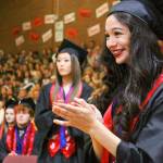 Robin Cedillo, right, gets ready to step up and receive her diploma during the commencement ceremony for Coupeville High School&rsquo;s Class of 2017 Friday night, June 9, 2017. Emily Rose is in the background. Photo by Ron Newberry/Whidbey News-Times