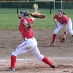 Coupeville pitcher Katrina McGranahan was named the Olympic League&rsquo;s co-MVP this spring. Shortstop Mikayla Elfrank, in the background, was another first-team selection for the Wolves. (Photo by Jim Waller/Whidbey News-Times)