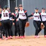 Monica Vidoni (24) takes the field with her Rainy River Community College teammates. (Photo by Barb Fisher)
