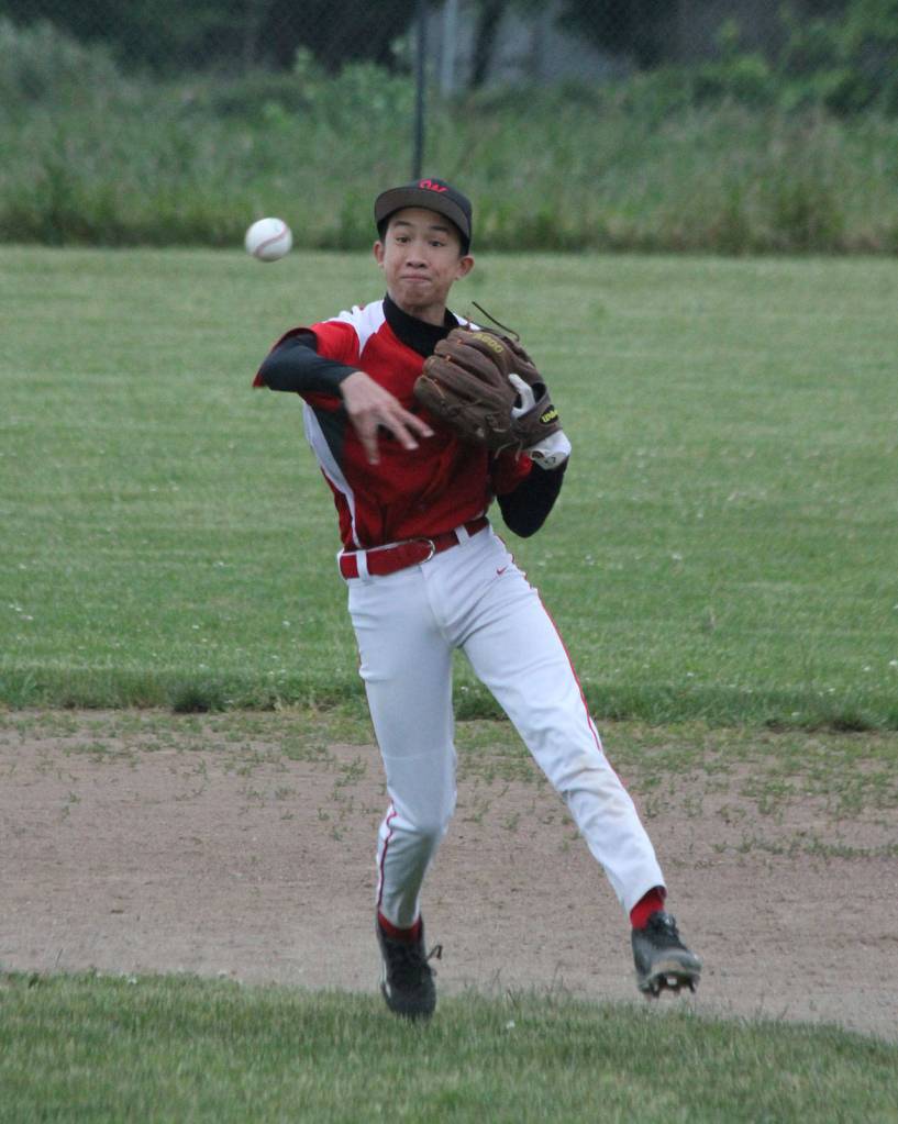 George Dailey flips the ball to first in an attempt to throw out an Anacortes batter. (Photo by Jim Waller/Whidbey News-Times)