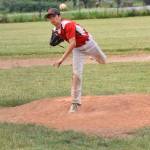 Coupeville&rsquo;s Hawthorne Wolfe zips a pitch against Friday Harbor. (Photo by Karen Carlson)