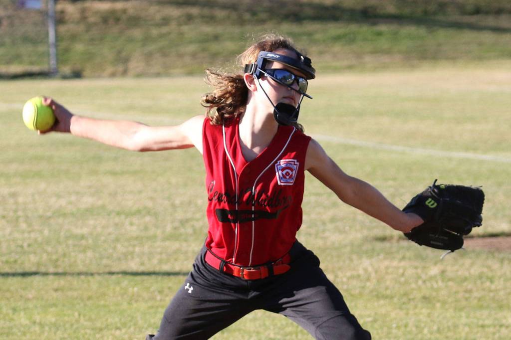 Gwen Gustfson pitches for Central Whidbey in Friday&rsquo;s game. (Photo by John Fisken)