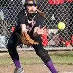 North Whidbey first baseman Kali Bobsin looks in a throw in Friday&rsquo;s win. (Photo by John Fisken)