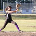 Macy Oliver fires a pitch in Friday&rsquo;s game. Oliver was the winning pitcher in both games this weekend as North Whidbey claimed the district title. (Photo by John Fisken)