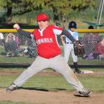 Brady Towsley takes over on the mound for the Angels. Towsley later hit a home run in Friday&rsquo;s game. (Photo by Jim Waller/Whidbey News-Times)