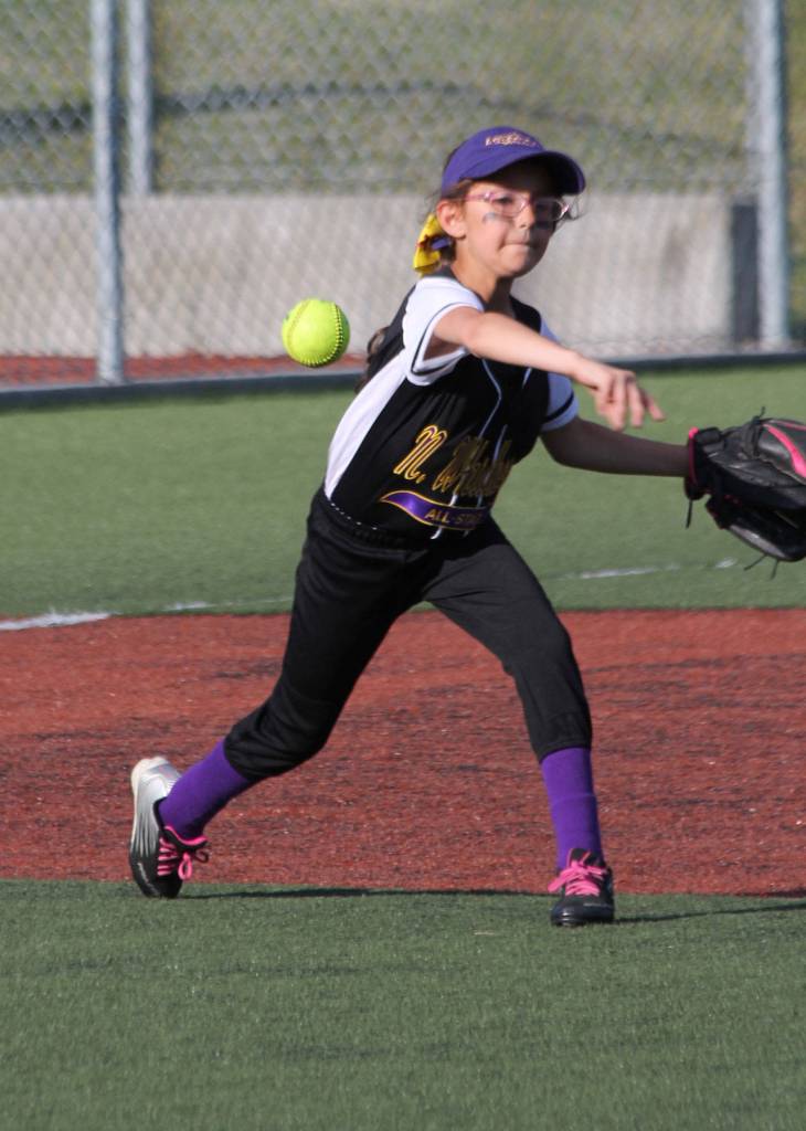 North Whidbey third baseman Keli Aranguri-Plummer tosses a throw across the diamond. (Photo by Jim Waller/Whidbey News-Times)