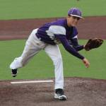 Austin Boesch fires a pitch in his two-hit shutout against Anacortes. (Photo by Jim Waller/Whidbey News-Times)