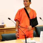 Nathan Paul Trujillo, 21, appears in Island County Superior Court Monday. He pleaded not guilty to kidnapping in the first degree in relation to a July 11 incident in Oak Harbor that resulted in him being shot and wounded by a police officer. Photo by Patricia Guthrie/Whidbey News-Times