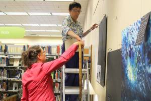 Tina Christiansen hangs her paintings at the Oak Harbor Library where she&rsquo;ll be the featured arist through August. She&rsquo;s assisted by librarian Nancy Luenn. Christiansen&rsquo;s art features landscapes of Alaska, sealife, birds and scenes from living near the sea.