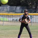 Shortstop Macy Oliver gets ready as the pitch approaches the plate. (Photo by Jim Waller/Whidbey News-Times)