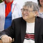 File photo                                Wallie Funk appears at a ceremony in Oak Harbor several years ago to acknowledge his gift of a sculpture to the city. The former newspaper man died Aug. 12.