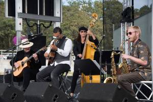 Contributed photo &mdash; Hot Club of Troy perform at the 2016 Oak Harbor Music Festival. Right to left: Vanderbilt-Mathews, Kristi O&rsquo;Donnell, Troy Chapman and Keith Bowers.