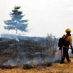 Amber Martens, from Joint Base Lewis-McChord, ensures the fire is safely extinguished after a prescribed burn on Thursday at the Admiralty Inlet Natural Preserve. The burn was part of an effort to restore prairie lands on the island. Photo by Laura Guido/Whidbey News-Times