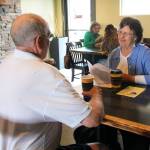 Photo by Jessie Stensland/Whidbey News-Times                                South Whidbey resident Cathy Whitmire and Oak Harbor City Councilman Jim Campbell discuss the new Civility First group at coffee Thursday morning.