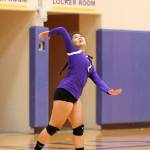 Oak Harbor&rsquo;s Sherilyne Fernandez serves Saturday. (Photo by John Fisken)