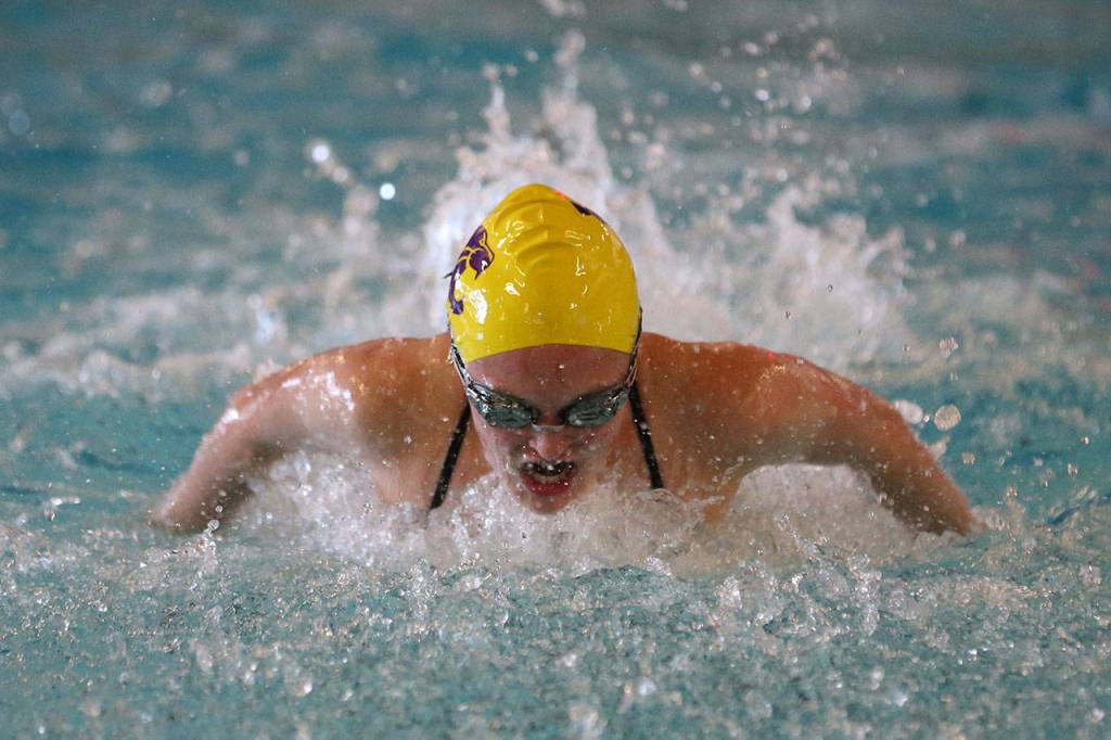 Oak Harbor wins the 200-medley relay with the help of Ashleigh Merrill swimming the butterfly leg. (Photo by John Fisken)