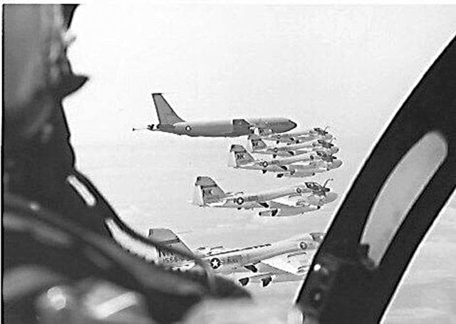 Pilots from VAQ 196 fly A6 Intruders in April 1978.