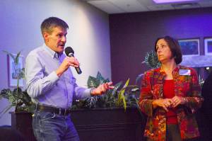 County Commissioners Rick Hannold and Helen Price Johnson answer questions at a special session meeting with the League of Women Voters Thursday at the Whidbey Golf Club. Photo by Laura Guido/Whidbey News-Times