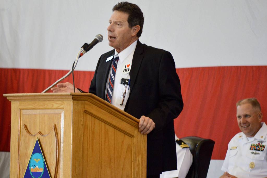 Oak Harbor Mayor Robert Severns speaks at the 75th anniversary celebration of NAS Whidbey Island Thursday. Photo by Laura Guido/Whidbey News-Times