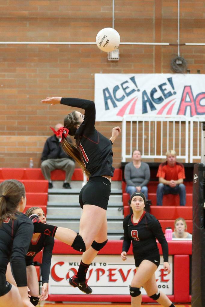 Katrina McGranahan goes on the attack for the Wolves as setter Lauren Rose (9) looks on.(Photo by John Fisken)