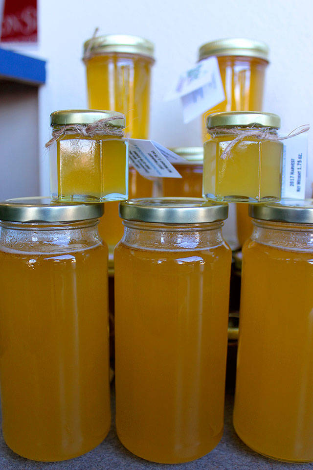 Whidbey Honey jars on display at WSU Extension Office. It produced 3,000 pounds of honey this season.