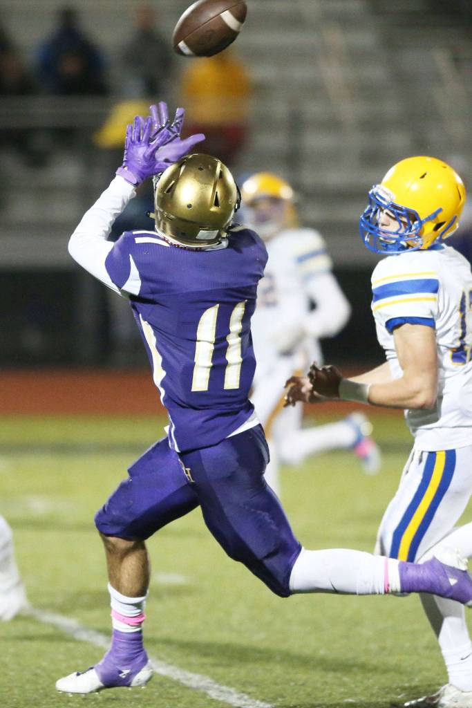 Photo by John Fisken                                Kyle Nickols hauls in a pass that set up Oak Harbor&rsquo;s tying touchdown in the fourth quarter.